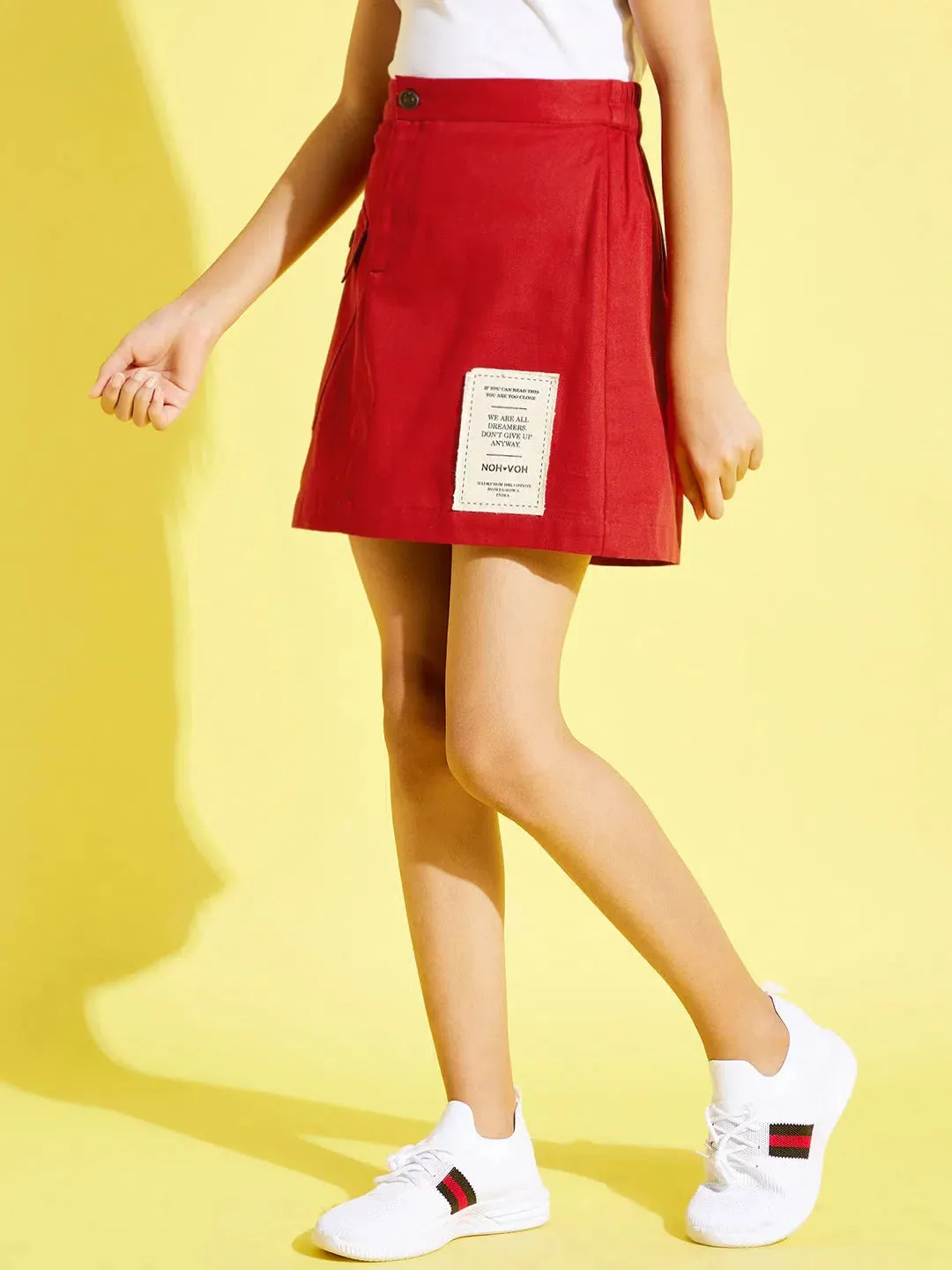 Girls Red Solid Twill Mini Skirt