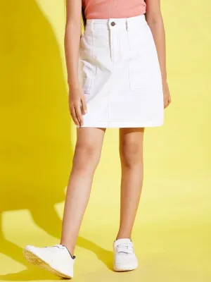 Girls White Contrast Thread Twill Skirt