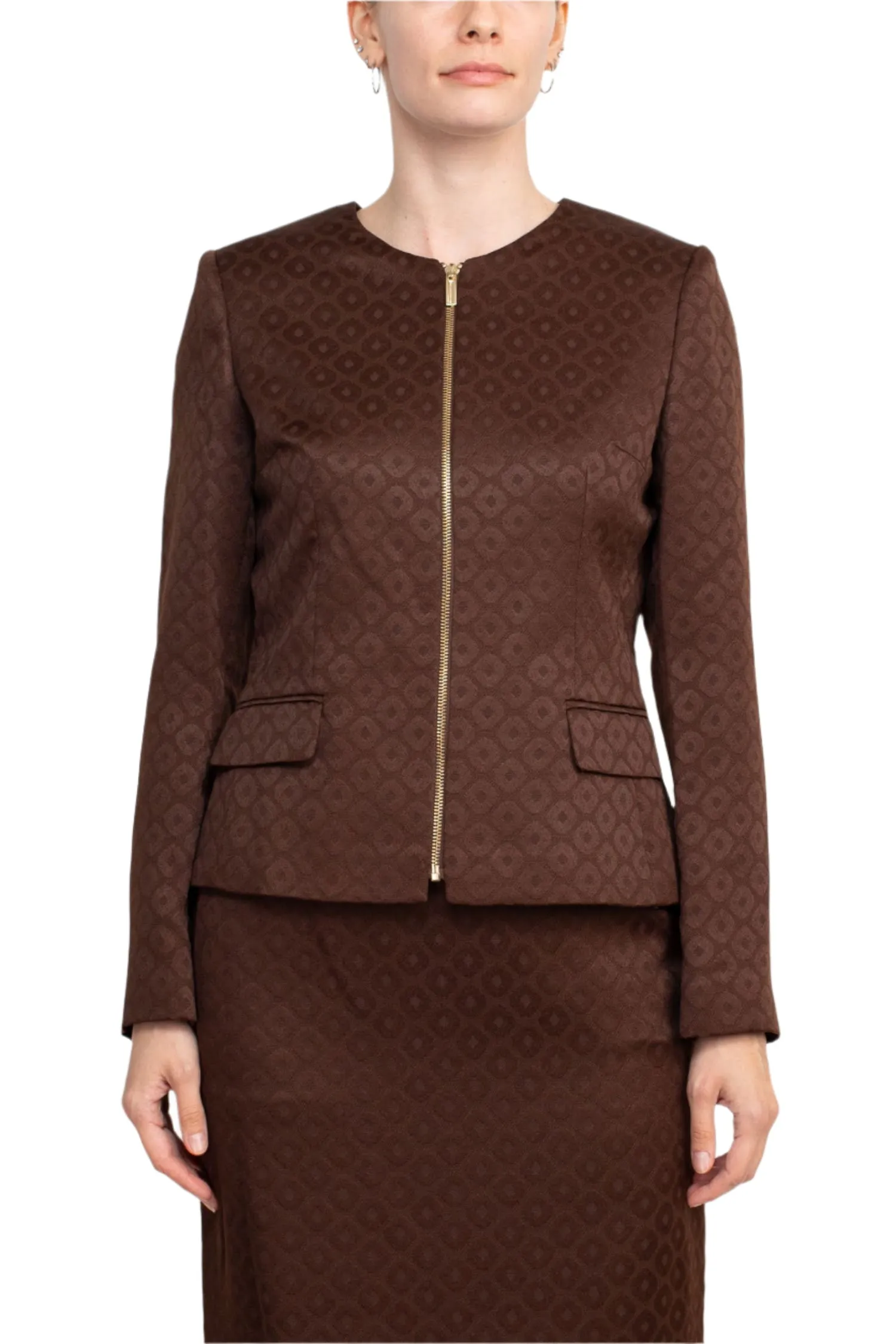 John Meyer Collection Crew Neck Long Sleeve Zipper Front Pencil Skirt Slit Back Jacquard Skirt Set