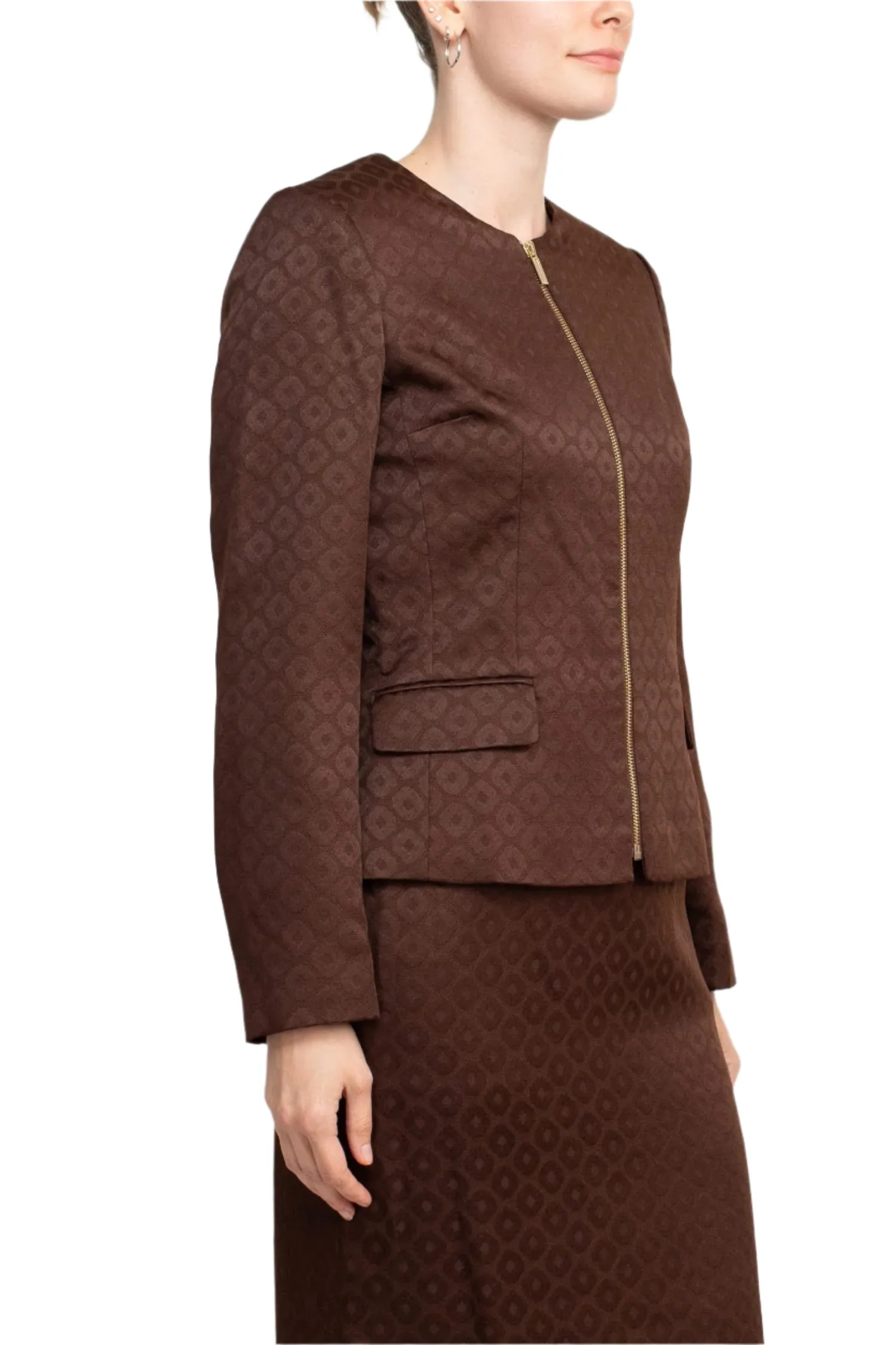 John Meyer Collection Crew Neck Long Sleeve Zipper Front Pencil Skirt Slit Back Jacquard Skirt Set