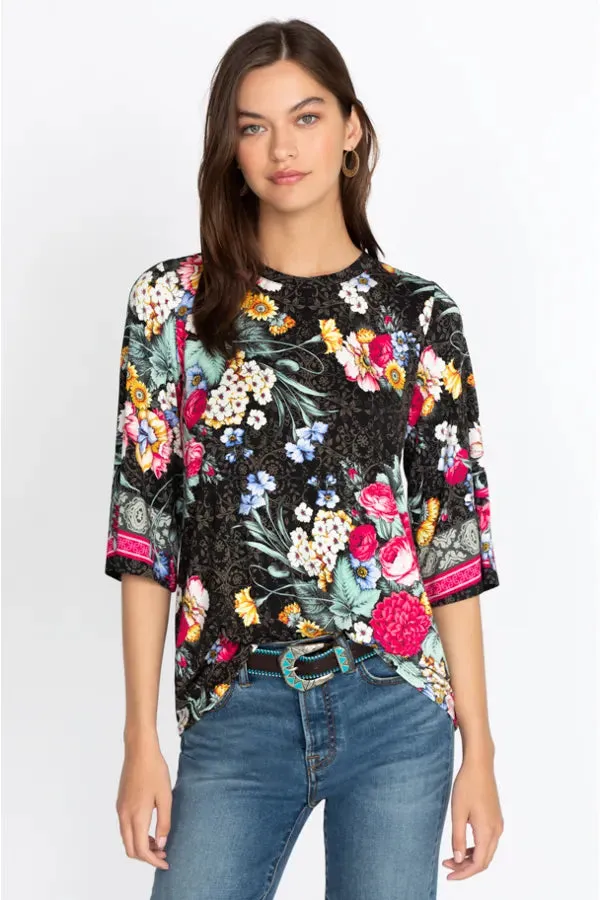 Johnny Was ONYX Crew Neck Floral Flower Sistine Tee Shirt Top Black X Large NEW
