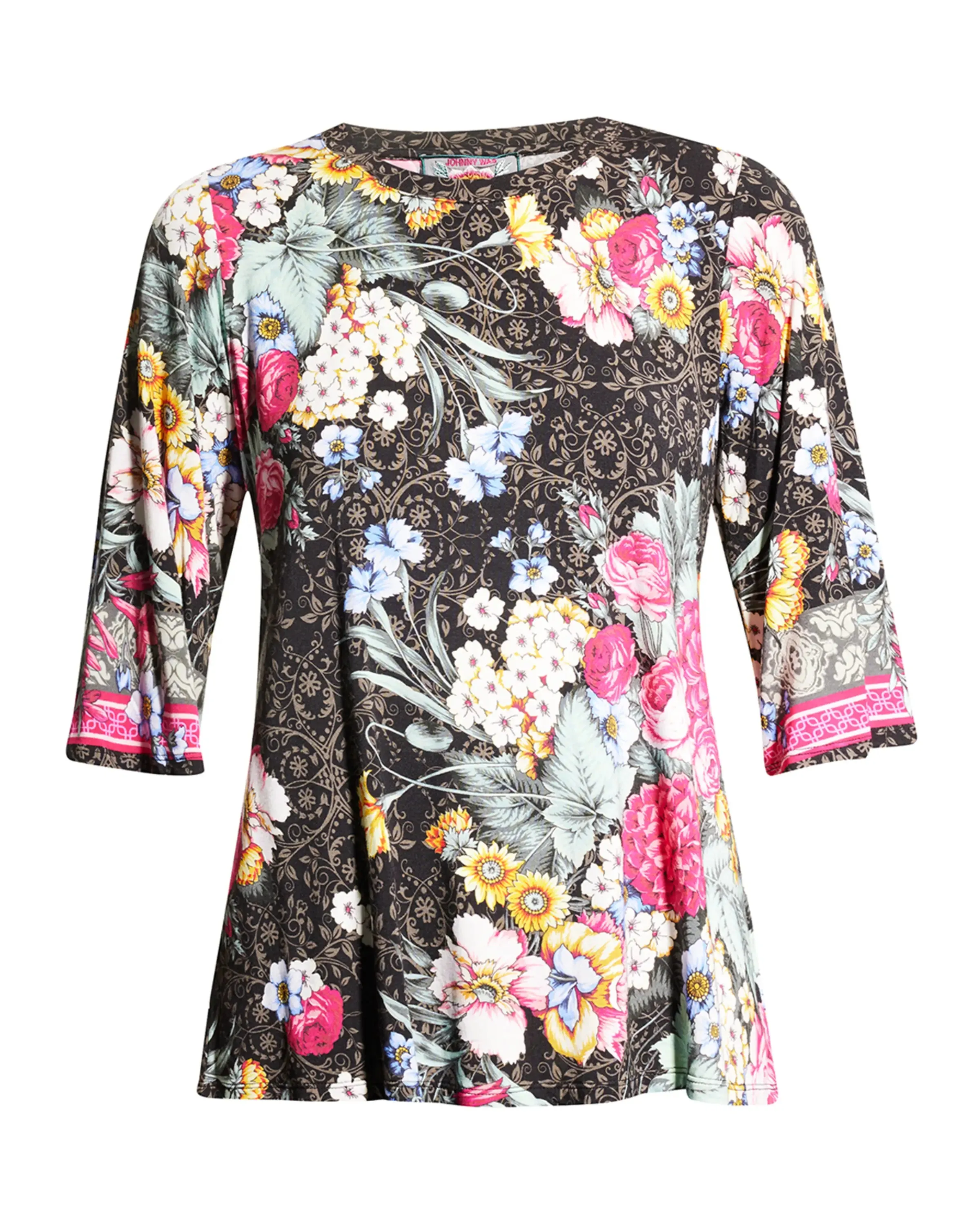 Johnny Was ONYX Crew Neck Floral Flower Sistine Tee Shirt Top Black X Large NEW