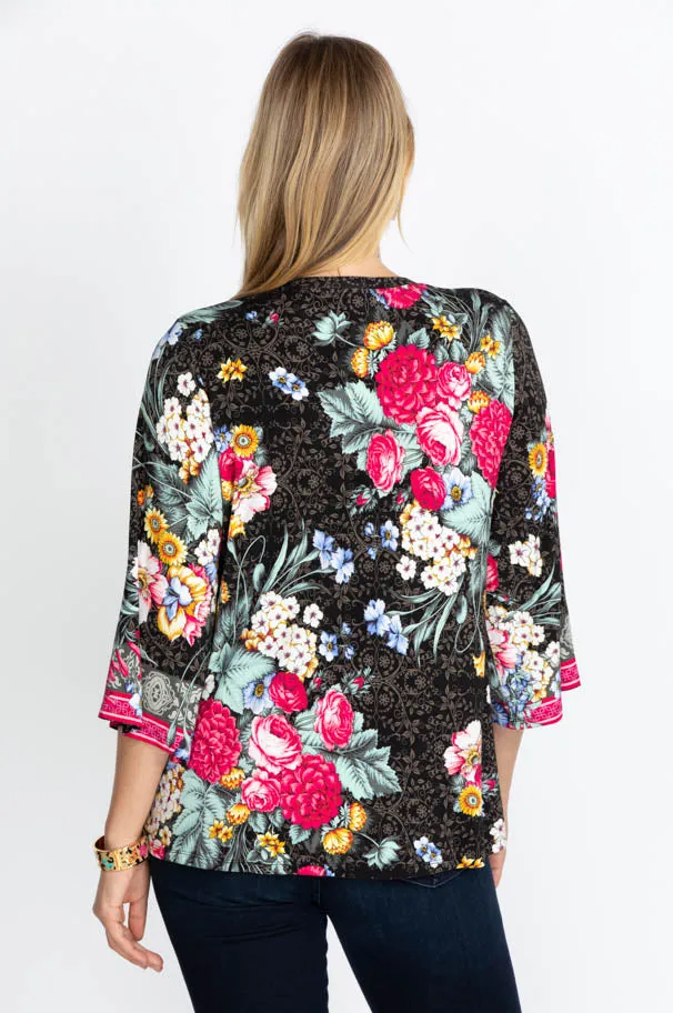 Johnny Was ONYX Crew Neck Floral Flower Sistine Tee Shirt Top Black X Large NEW