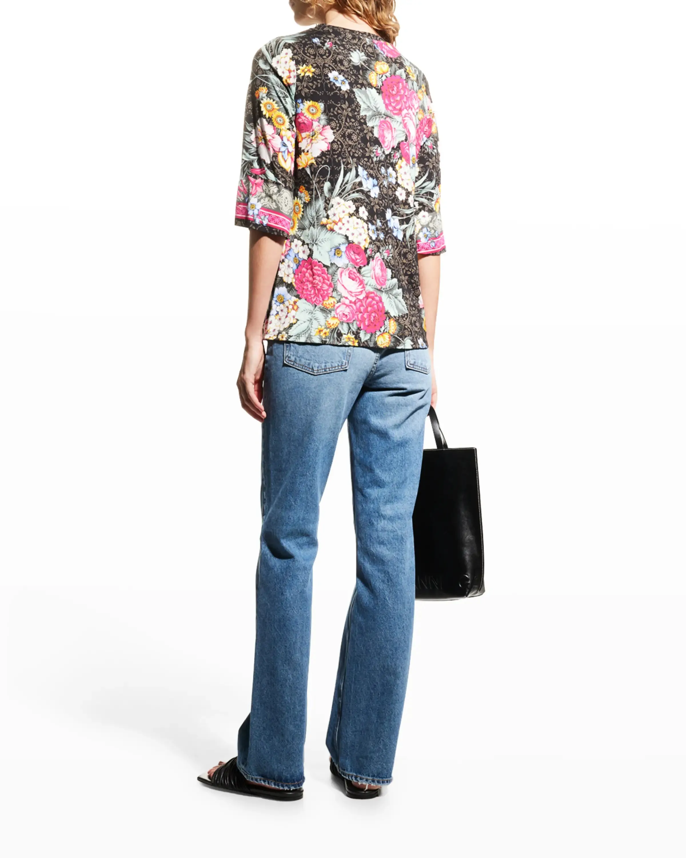 Johnny Was ONYX Crew Neck Floral Flower Sistine Tee Shirt Top Black X Large NEW