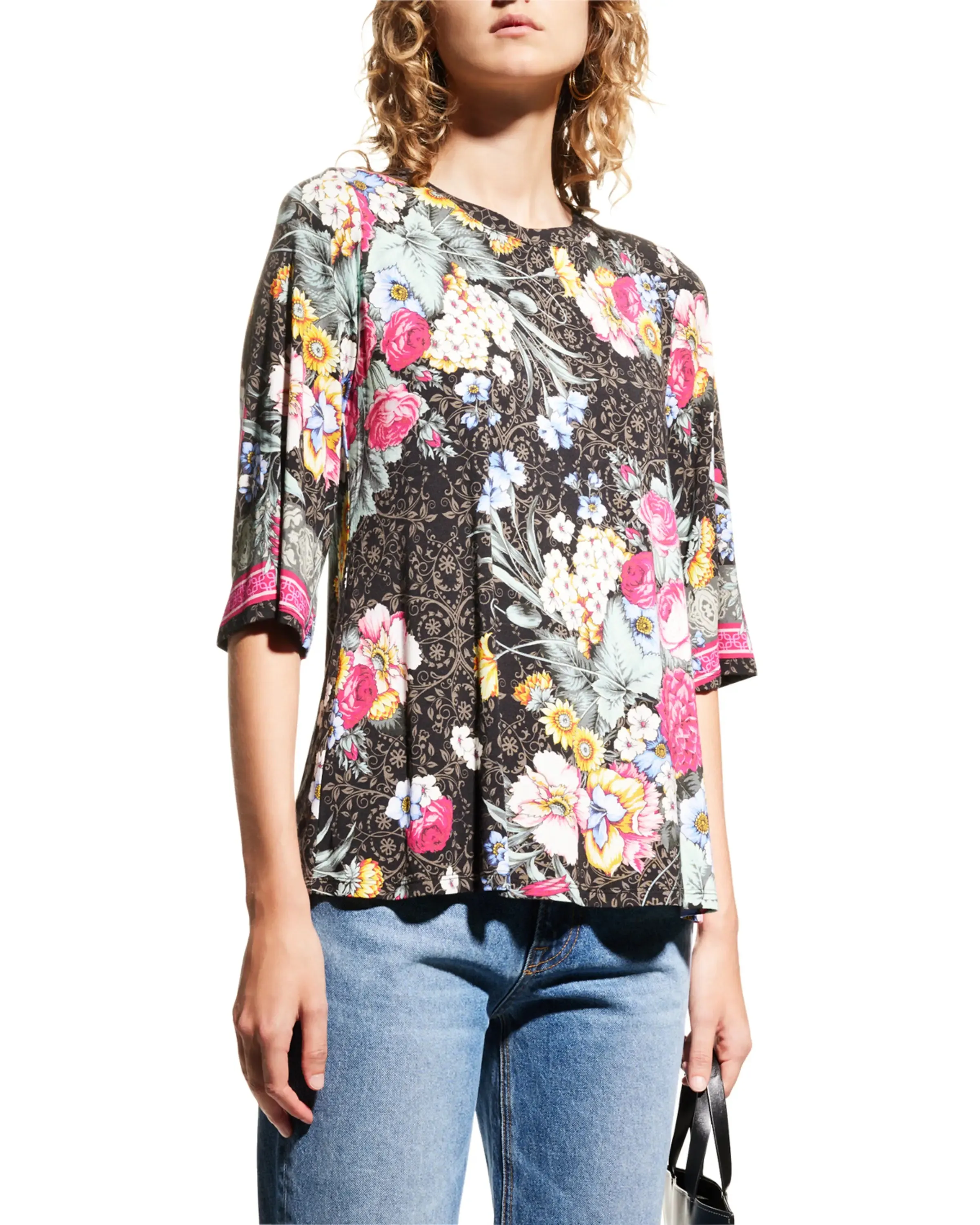 Johnny Was ONYX Crew Neck Floral Flower Sistine Tee Shirt Top Black X Large NEW