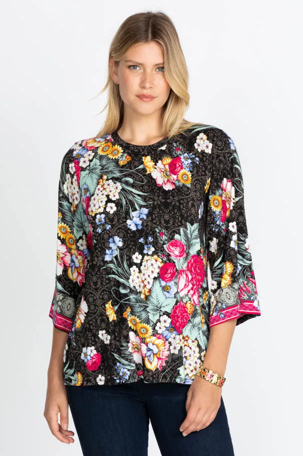 Johnny Was ONYX Crew Neck Floral Flower Sistine Tee Shirt Top Black X Large NEW