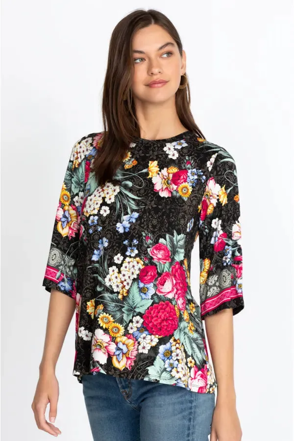 Johnny Was ONYX Crew Neck Floral Flower Sistine Tee Shirt Top Black X Large NEW
