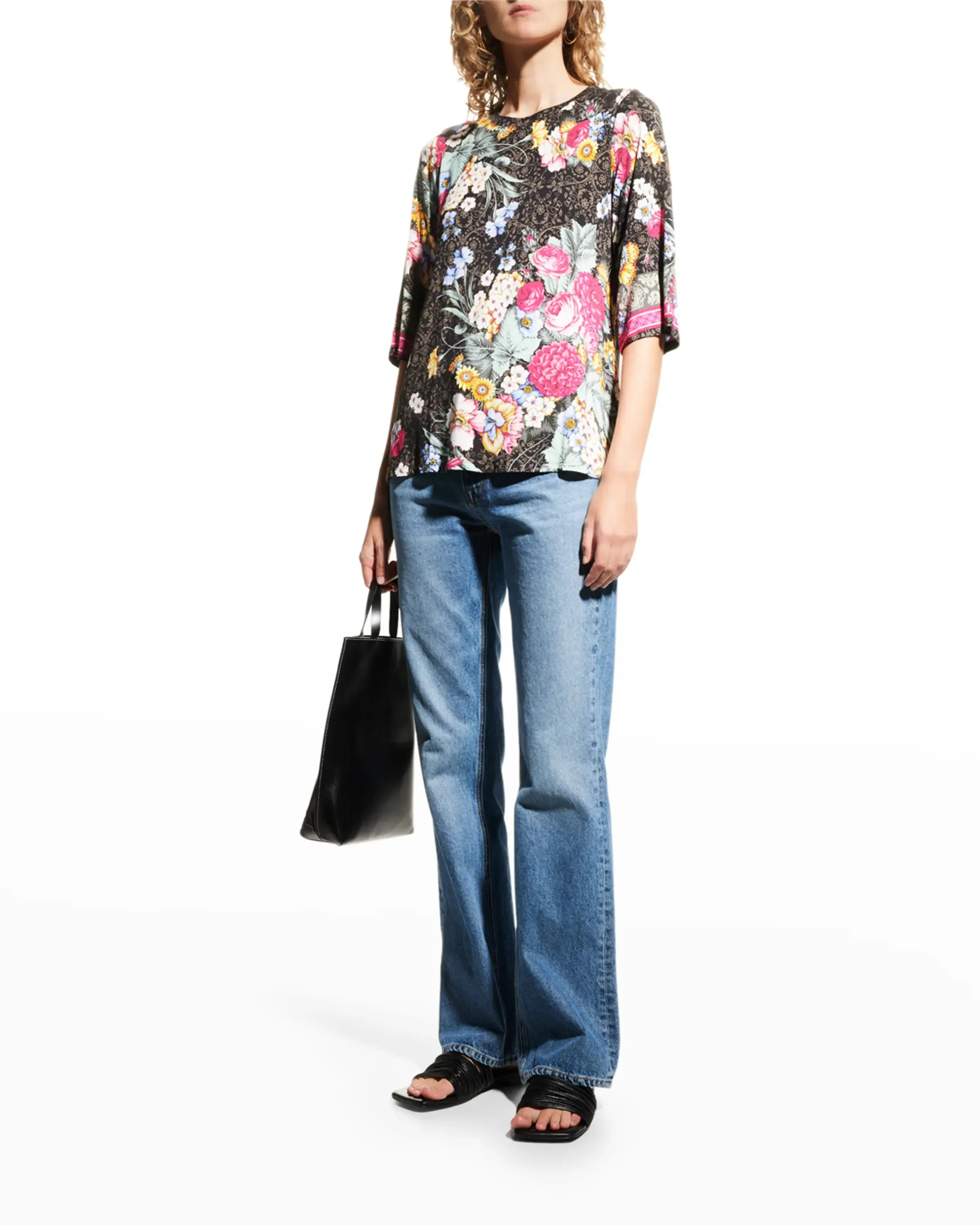 Johnny Was ONYX Crew Neck Floral Flower Sistine Tee Shirt Top Black X Large NEW