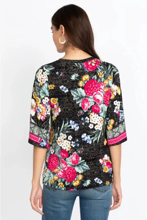 Johnny Was ONYX Crew Neck Floral Flower Sistine Tee Shirt Top Black X Large NEW