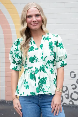 Kali Puff Sleeve Floral Peplum Top, Green