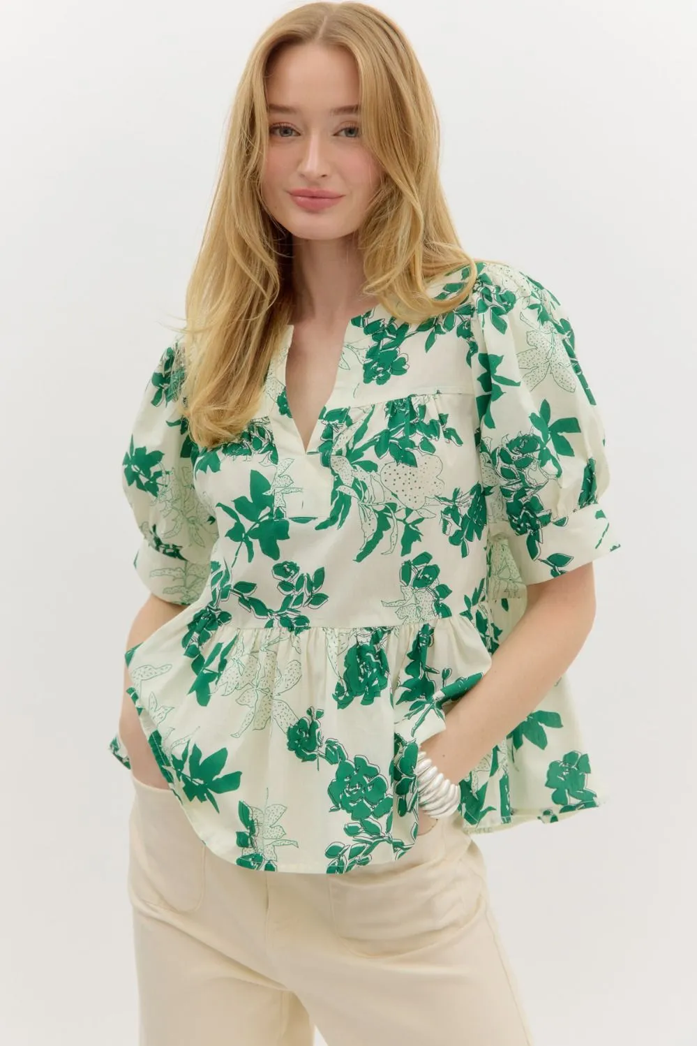 Kali Puff Sleeve Floral Peplum Top, Green