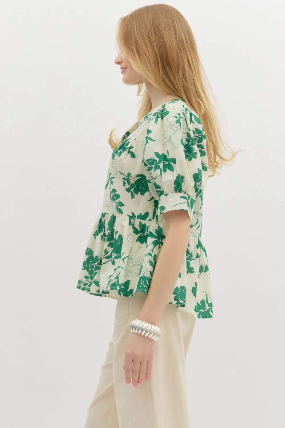 Kali Puff Sleeve Floral Peplum Top, Green