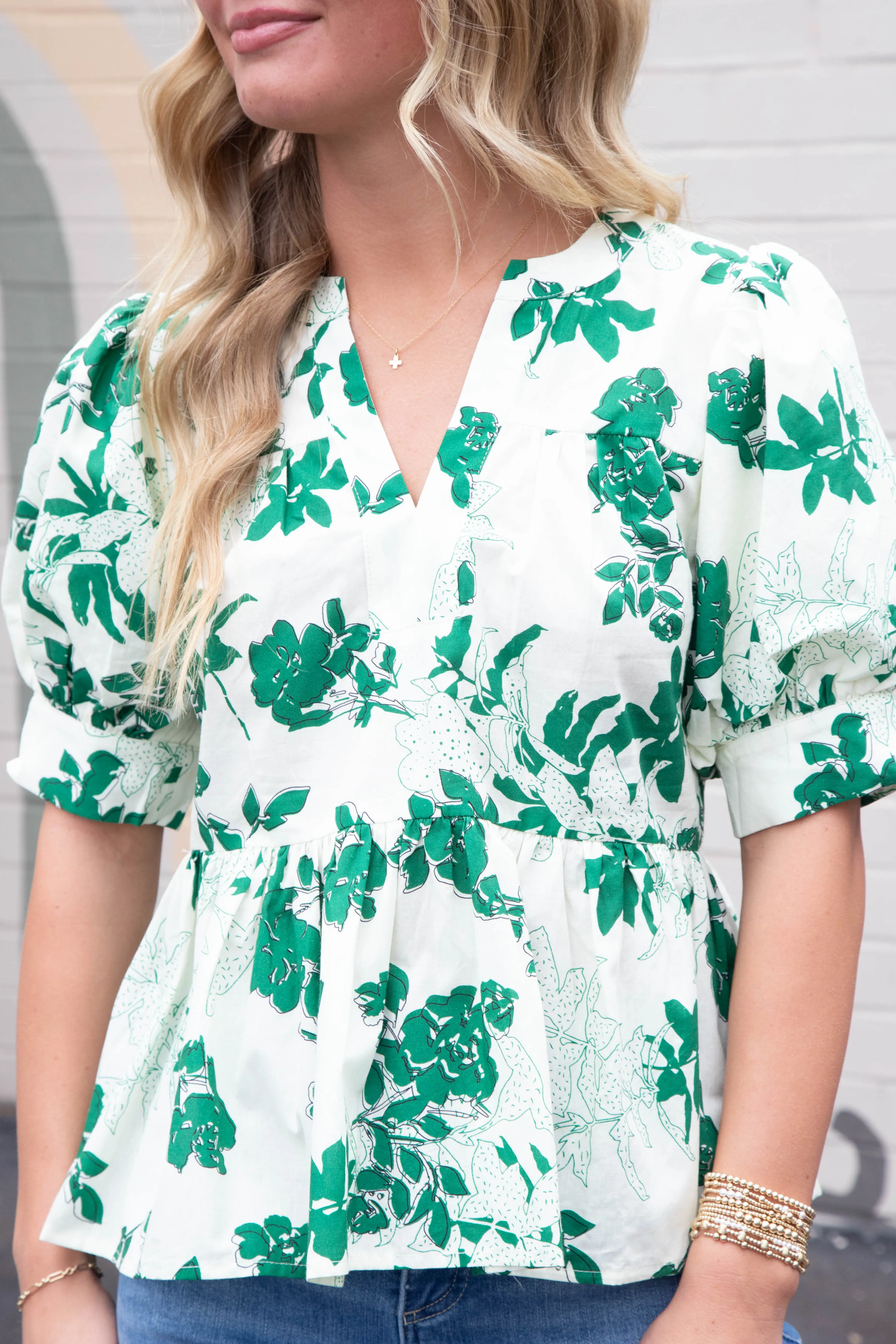 Kali Puff Sleeve Floral Peplum Top, Green