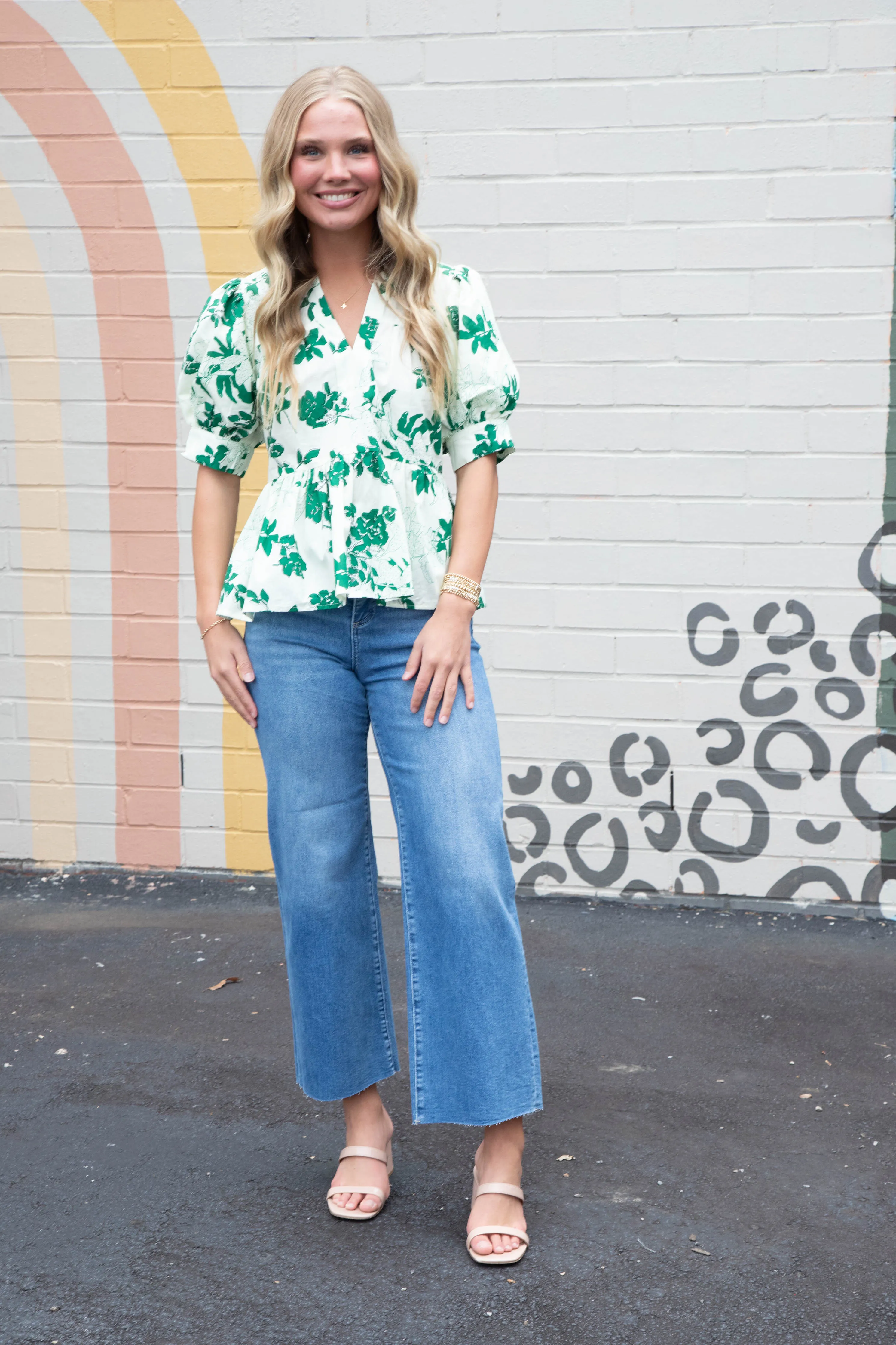 Kali Puff Sleeve Floral Peplum Top, Green