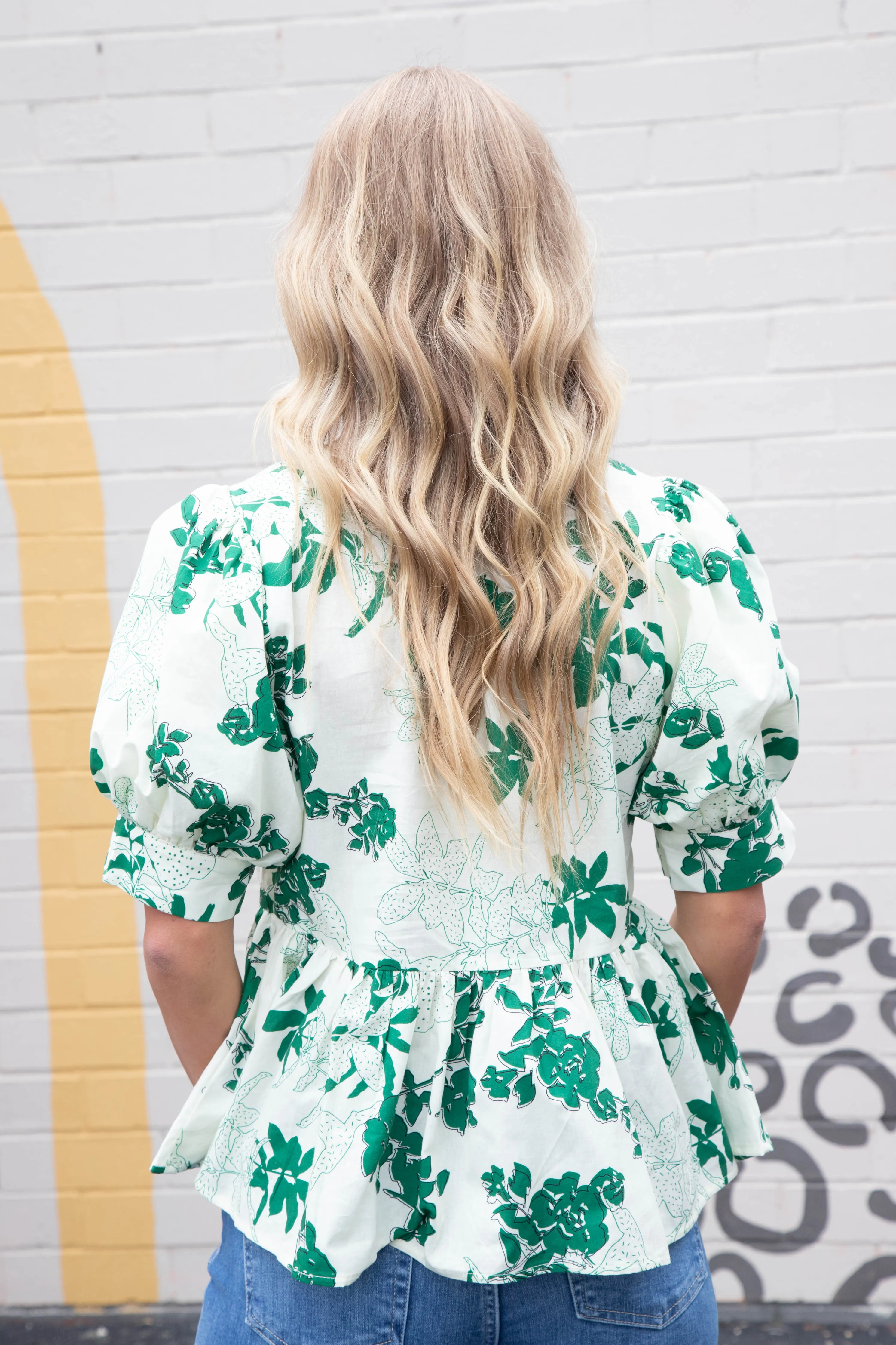 Kali Puff Sleeve Floral Peplum Top, Green