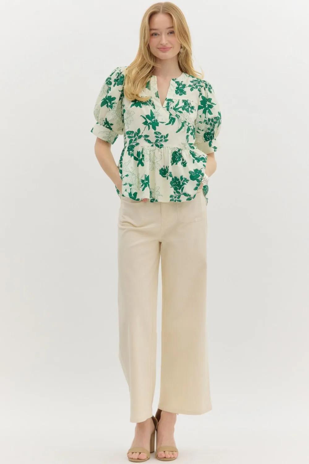 Kali Puff Sleeve Floral Peplum Top, Green