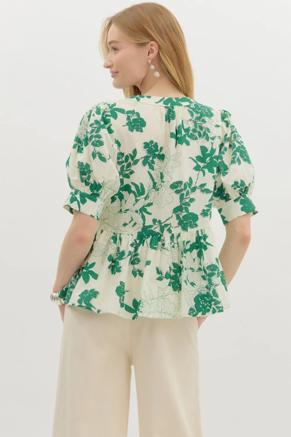 Kali Puff Sleeve Floral Peplum Top, Green