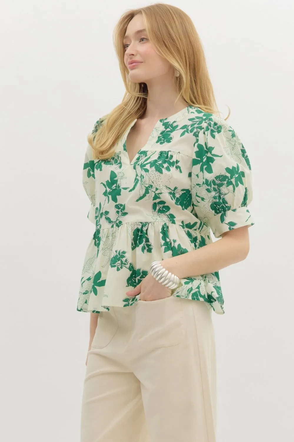 Kali Puff Sleeve Floral Peplum Top, Green
