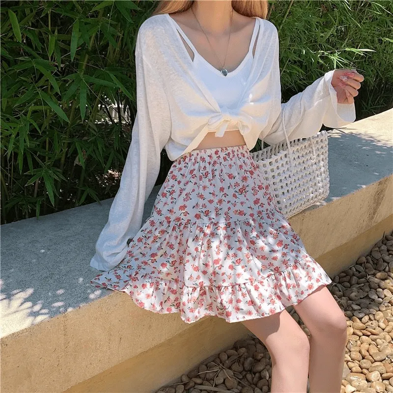 Kawaii Floral Printed Falbala Skirt