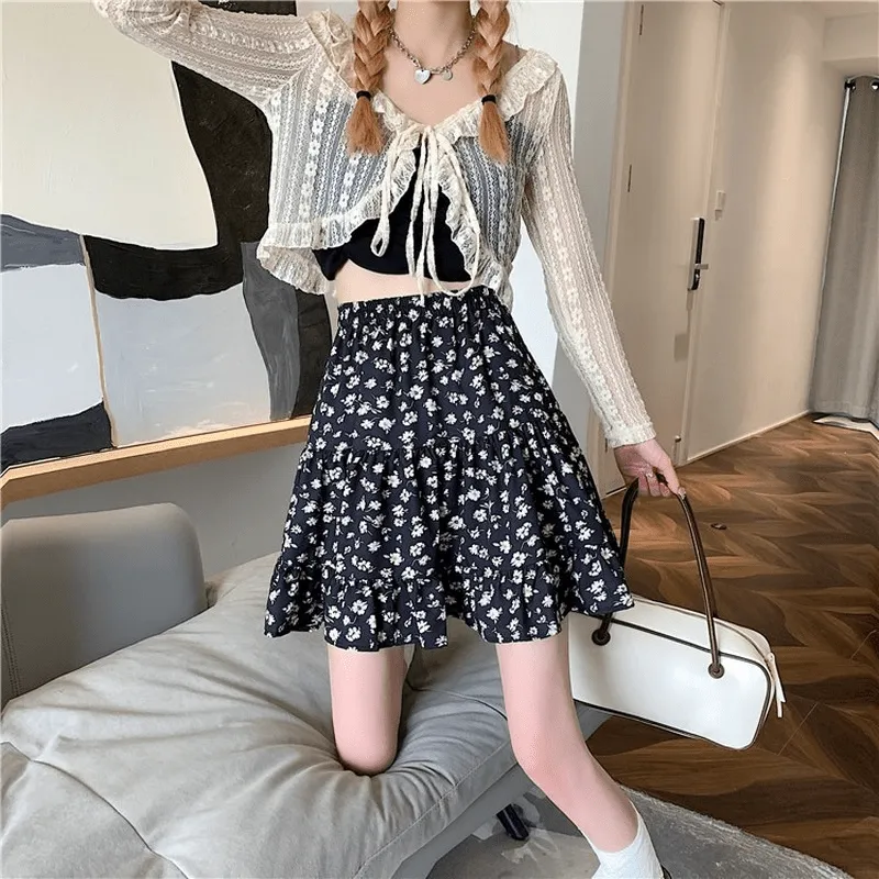 Kawaii Floral Printed Falbala Skirt