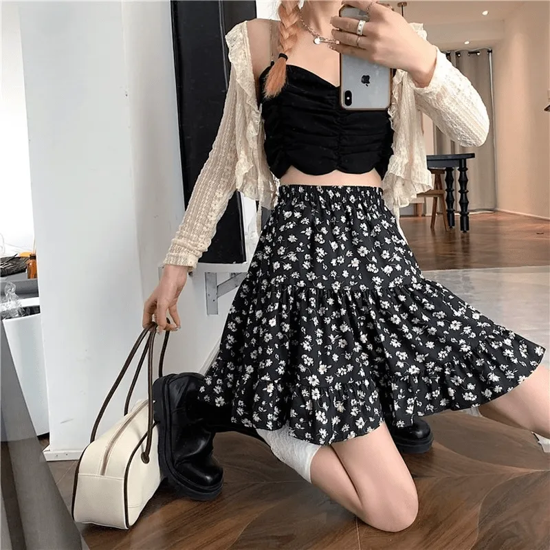 Kawaii Floral Printed Falbala Skirt