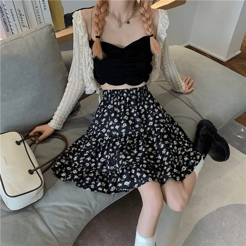 Kawaii Floral Printed Falbala Skirt