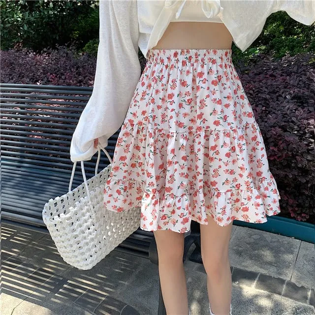 Kawaii Floral Printed Falbala Skirt