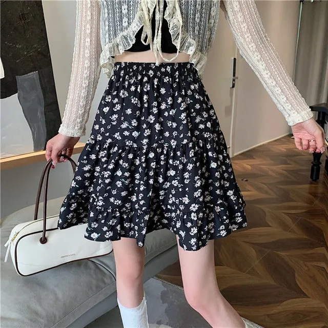 Kawaii Floral Printed Falbala Skirt
