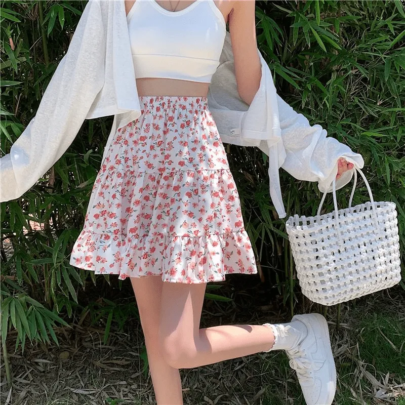 Kawaii Floral Printed Falbala Skirt