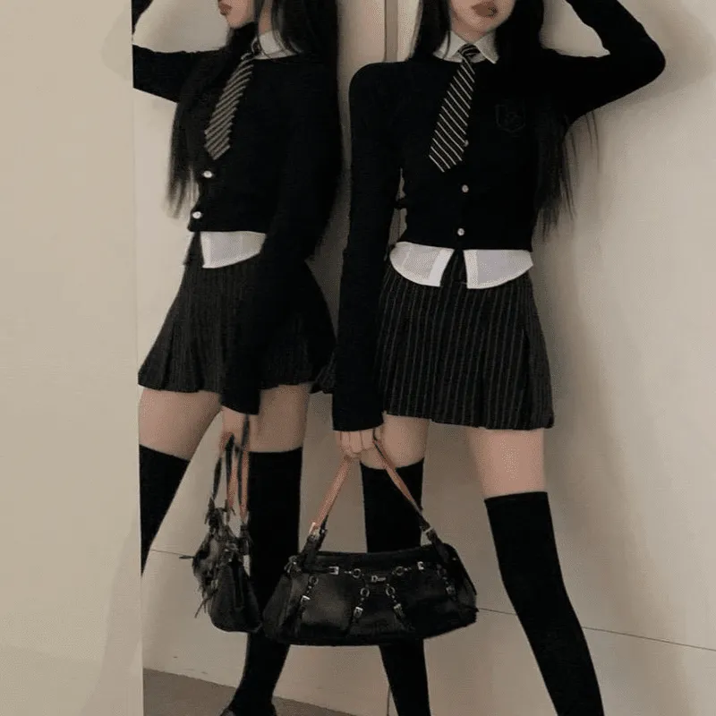 Korean Preppy Style Striped Pleated Skirt