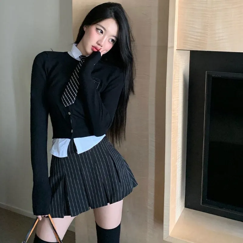Korean Preppy Style Striped Pleated Skirt