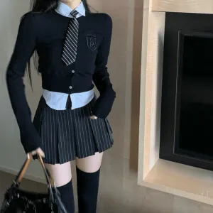 Korean Preppy Style Striped Pleated Skirt