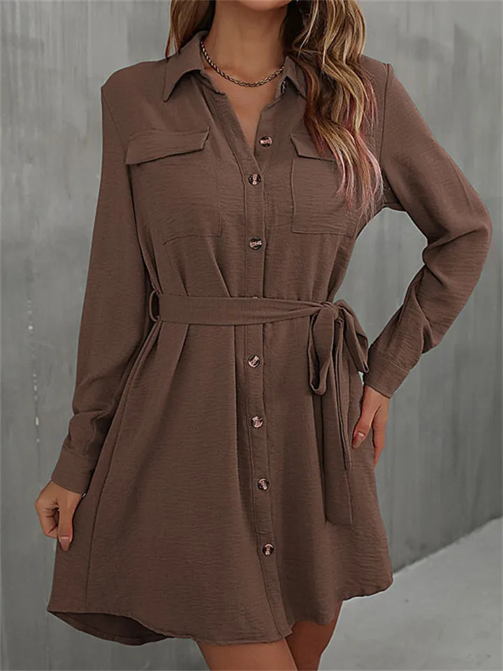 Ladies Button Lace-Up French Style A-line Blouse Dress