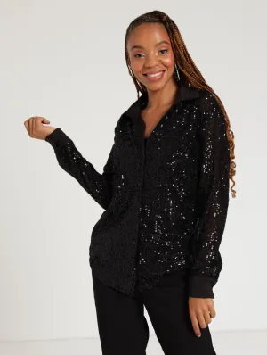 Ladies Button Up Sparkle Blouse - Black
