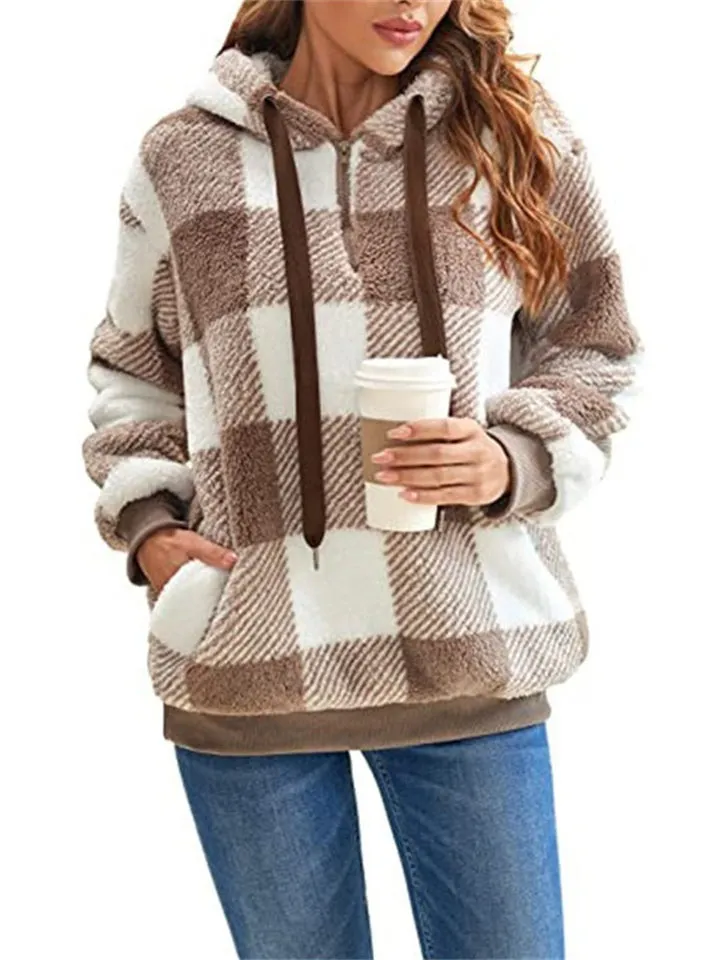 Ladies Fluffy Plaid Oversized Hoodies with Pockets