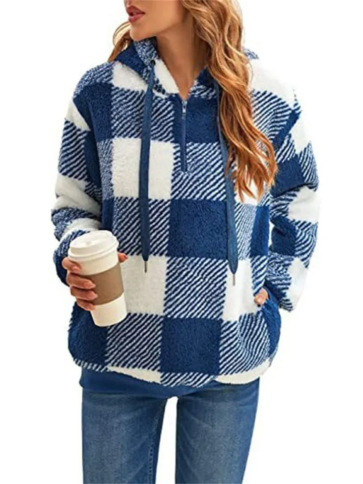Ladies Fluffy Plaid Oversized Hoodies with Pockets