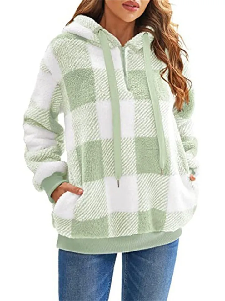 Ladies Fluffy Plaid Oversized Hoodies with Pockets