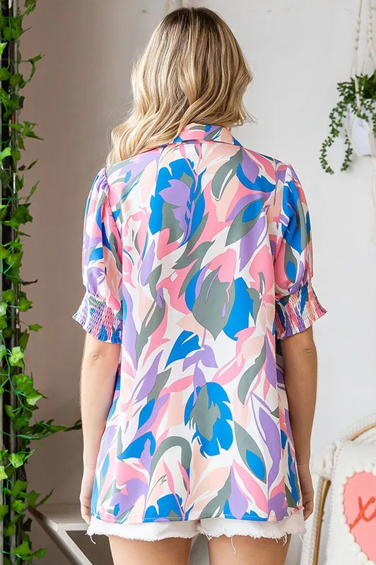 Lavender Leaf Print Short Sleeve Blouse | FINAL SALE