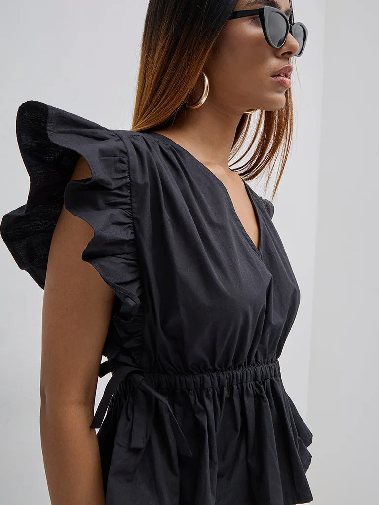 LOV Black Ruffle-Detailed Peplum Top