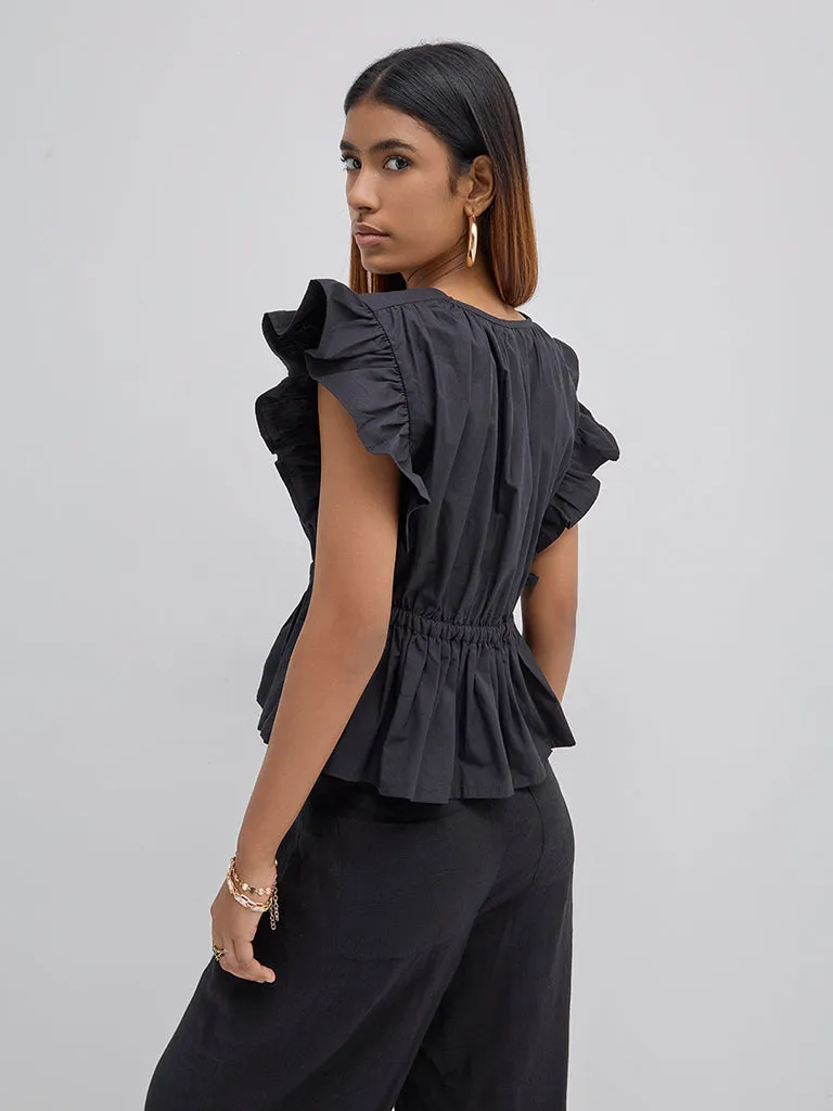 LOV Black Ruffle-Detailed Peplum Top
