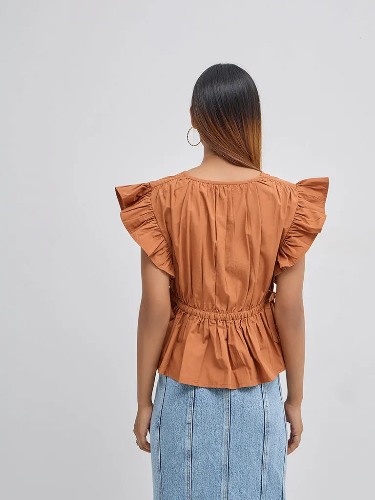 LOV Orange Ruffle-Detailed Peplum Top