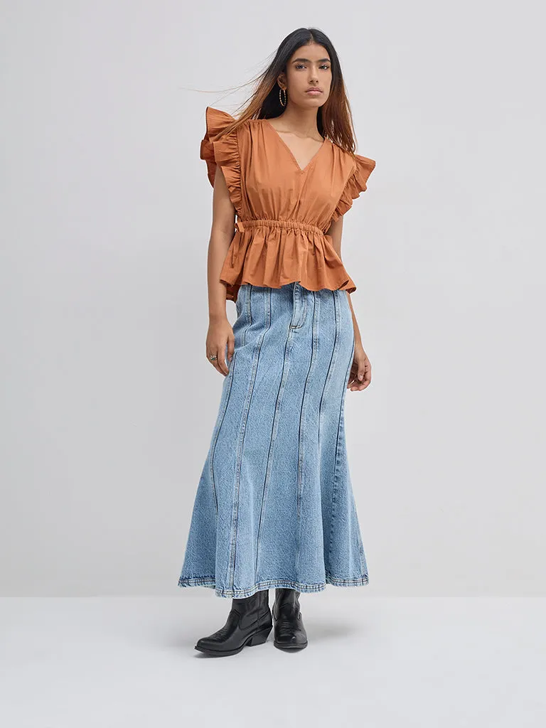 LOV Orange Ruffle-Detailed Peplum Top