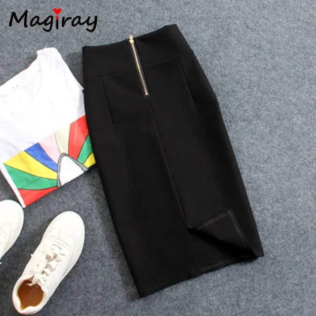 Magiray High Waist Elastic Pencil Skirt Female Bodycon Skirts Womens Summer 2020 Knee Length Back Split Ladies Office Saia C571