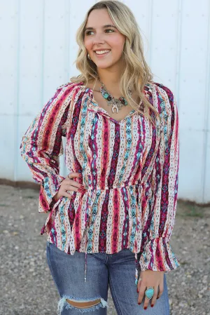 Multicolour Western Aztec Split Neck Peplum Blouse