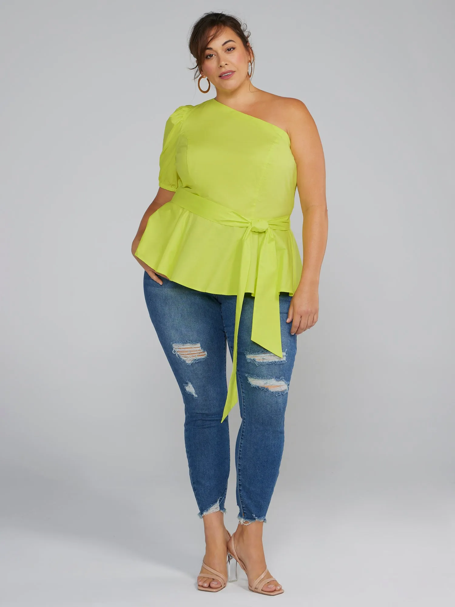 One Shoulder Tie-Waist Peplum Shirt