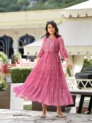 Onion Pink Ethnic Motif Printed Georgette Gathers Maxi Dress With Sequins & Doris-J4735ONIONPINK