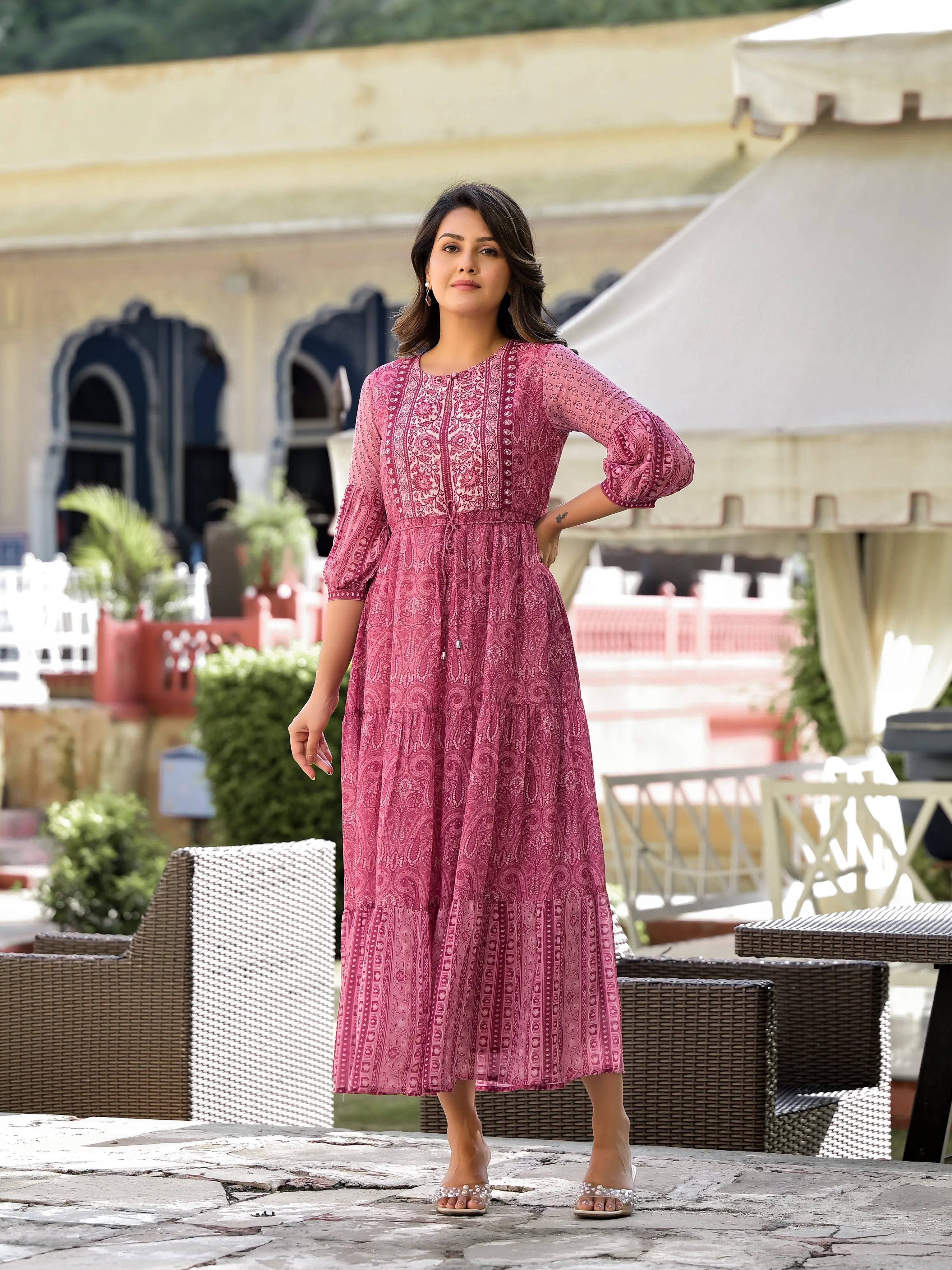 Onion Pink Ethnic Motif Printed Georgette Gathers Maxi Dress With Sequins & Doris-J4735ONIONPINK