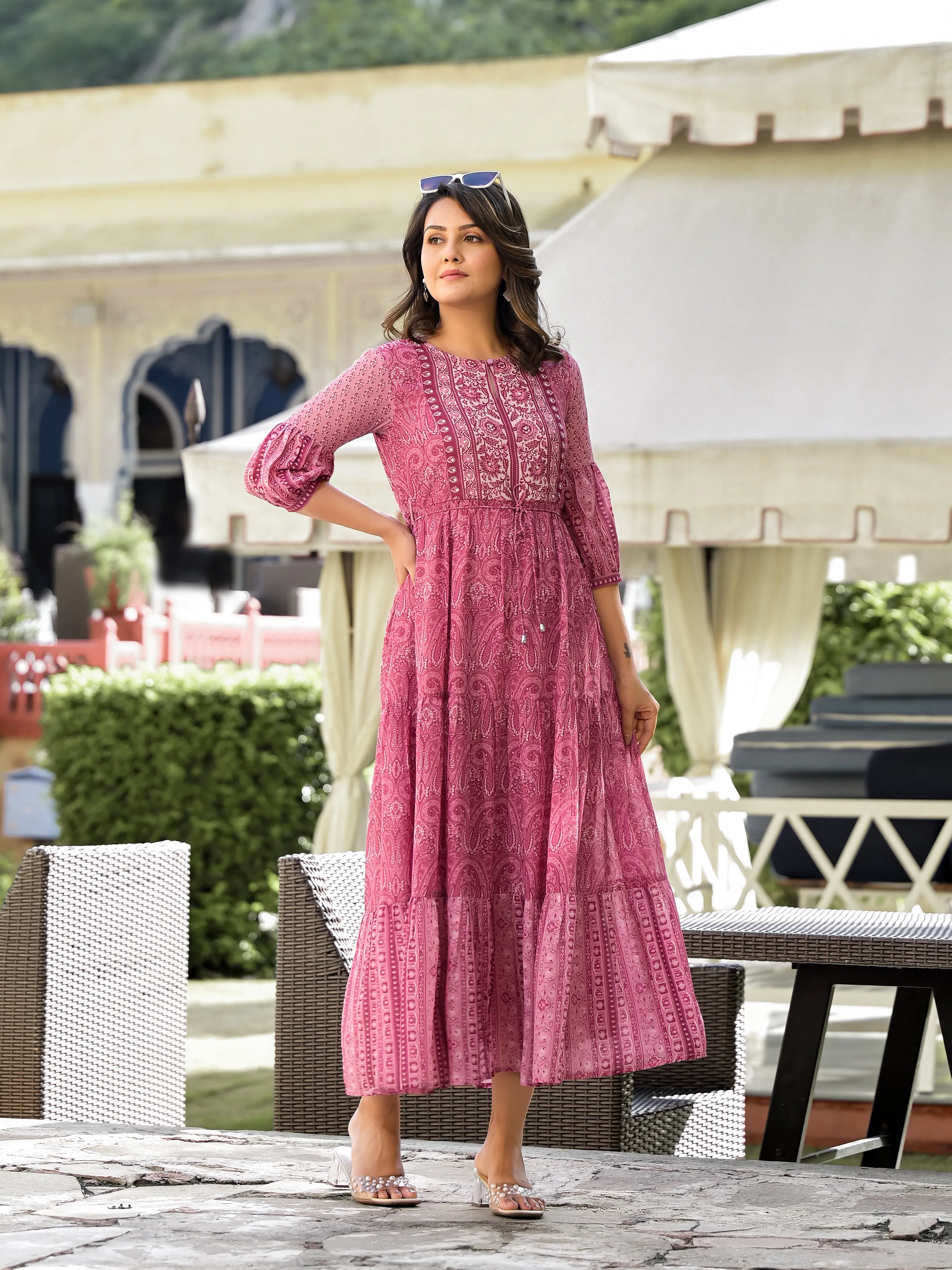 Onion Pink Ethnic Motif Printed Georgette Gathers Maxi Dress With Sequins & Doris-J4735ONIONPINK
