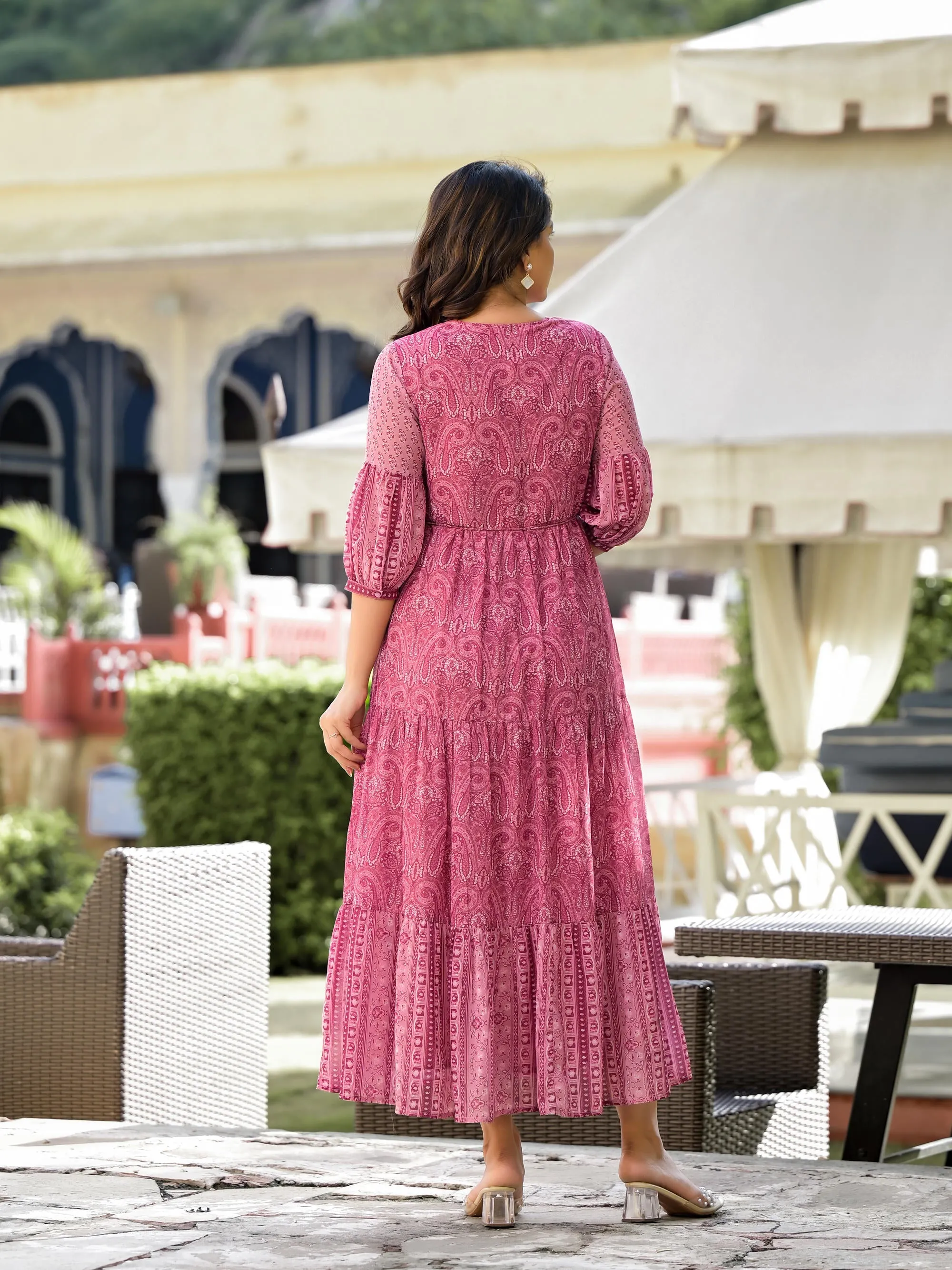 Onion Pink Ethnic Motif Printed Georgette Gathers Maxi Dress With Sequins & Doris-J4735ONIONPINK