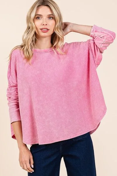 Pink Waffle-Knit Exposed Seam Round Neck Top